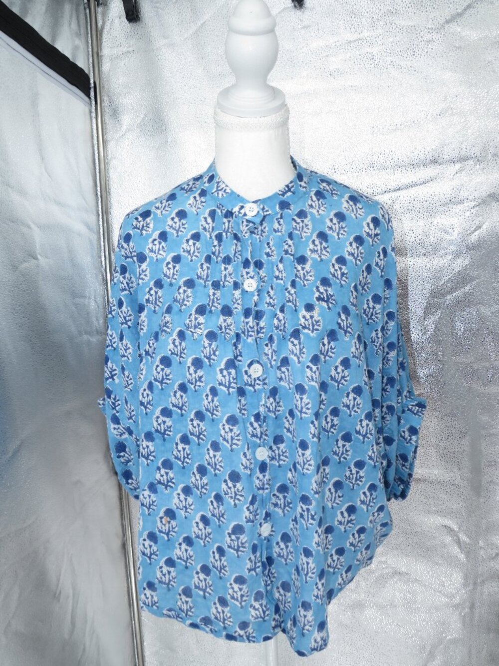 Emerson Fry India Collection Blue Block Print Organic Cotton Tunic Top OS One Sz